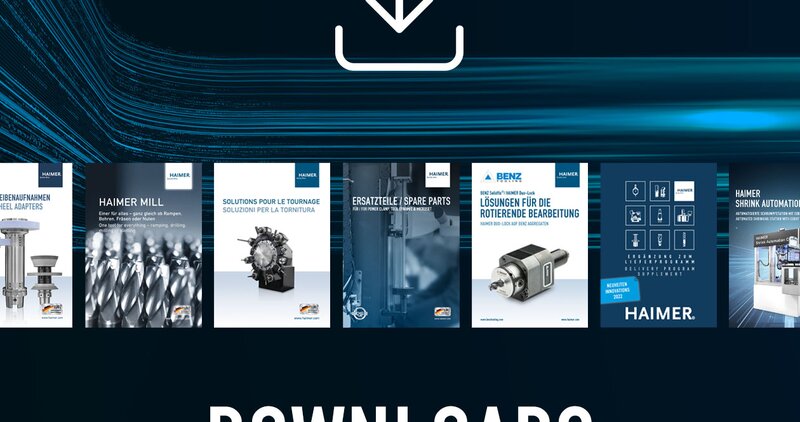 Download von Broschüren & Katalogen HAIMER-Downloads mit Katalogen und Download-Symbol.