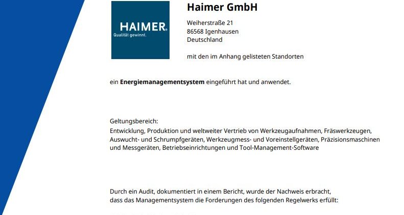 Zertifikat über die Einführung eines Energiemanagements Zertifikat über die Einführung eines Energiemanagements